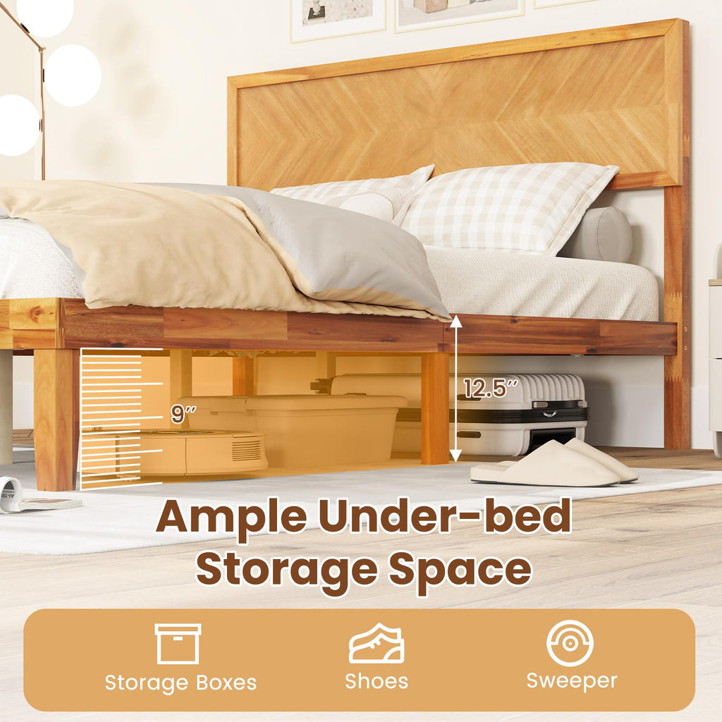 Giantex Wood Twin Bed Frames with Headboard, Solid Acacia Wood Platform Bed with 12 Strong Wooden Slat Support, Scandinavian Style Art Deco Twin Size Bed Frame, No Box Spring Needed, Rustic Brown