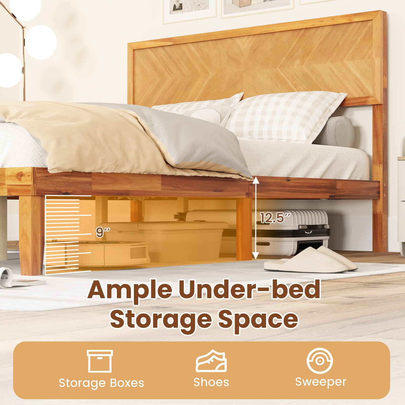 Giantex Wood Twin Bed Frames with Headboard, Solid Acacia Wood Platform Bed with 12 Strong Wooden Slat Support, Scandinavian Style Art Deco Twin Size Bed Frame, No Box Spring Needed, Rustic Brown