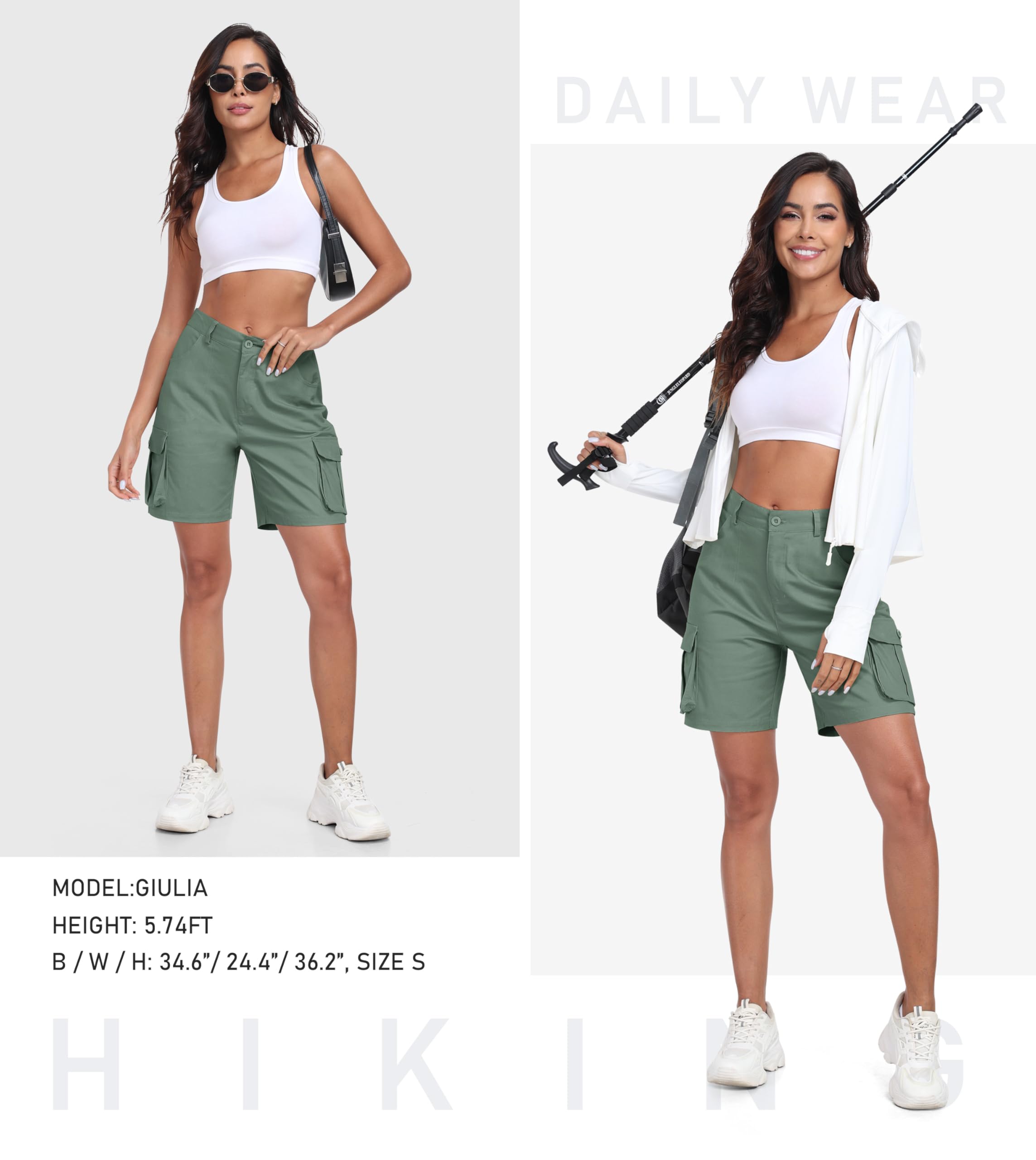MoFiz Women's Cargo Shorts Bermuda Shorts Button Pockets Elastic Waist Knee Length Long Hiking Casual Shorts for Summer