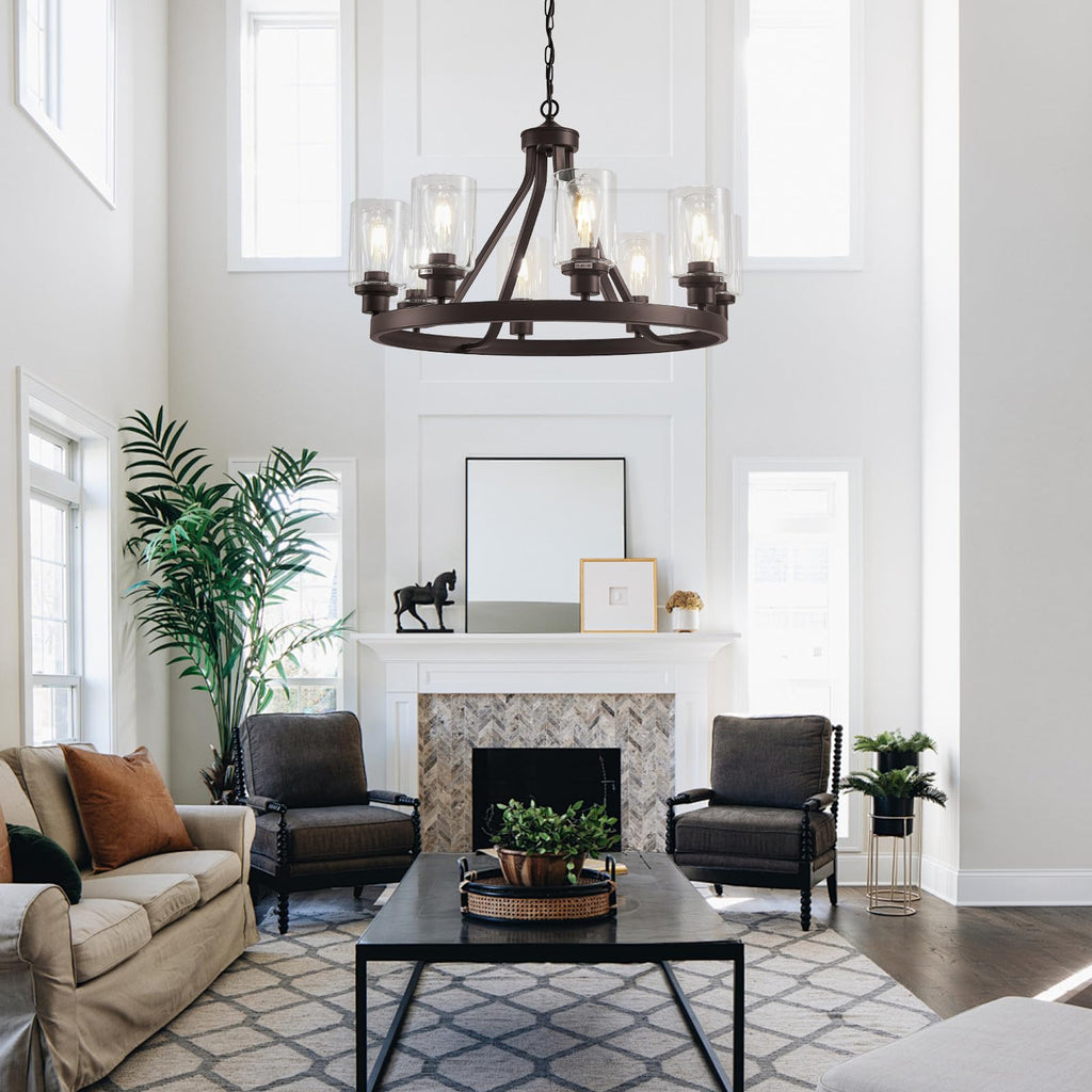 Lanhall 6-Light Modern Dining Room Light Fixture Brushed Nickel Kitchen Chandelier Ceiling Hanging Pendant Lighting with Glass Shade for Living Room Bedroom Entryway Adjustable Height Metal E26