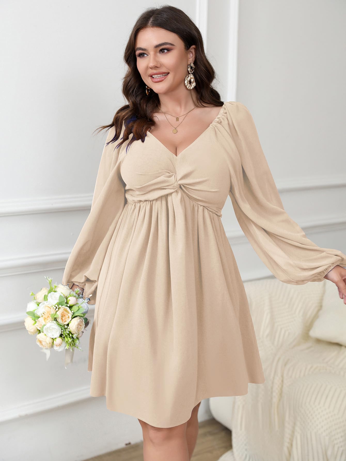 SCOMCHIC Women's Plus Size Puff Long Sleeve Dresses Sweetheart Neckline A Line Short Wedding Guest Cocktail Dress