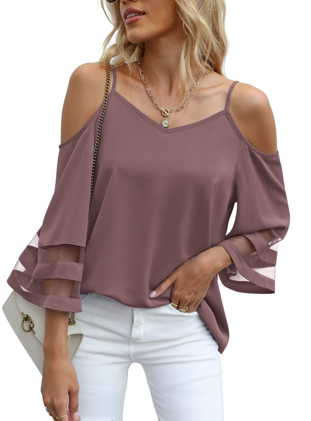 Jouica Womens Summer Cold Shoulder Tops Mesh Panel 3/4 Bell Sleeve Tees Adjustable Spaghetti Strap Loose Fit Shirts