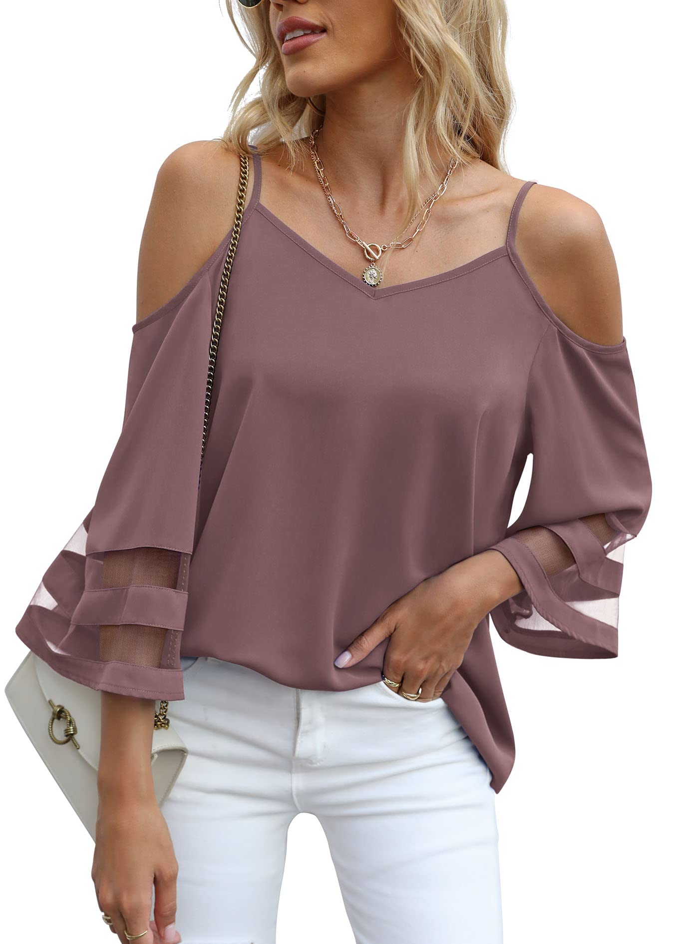 Jouica Womens Summer Cold Shoulder Tops Mesh Panel 3/4 Bell Sleeve Tees Adjustable Spaghetti Strap Loose Fit Shirts
