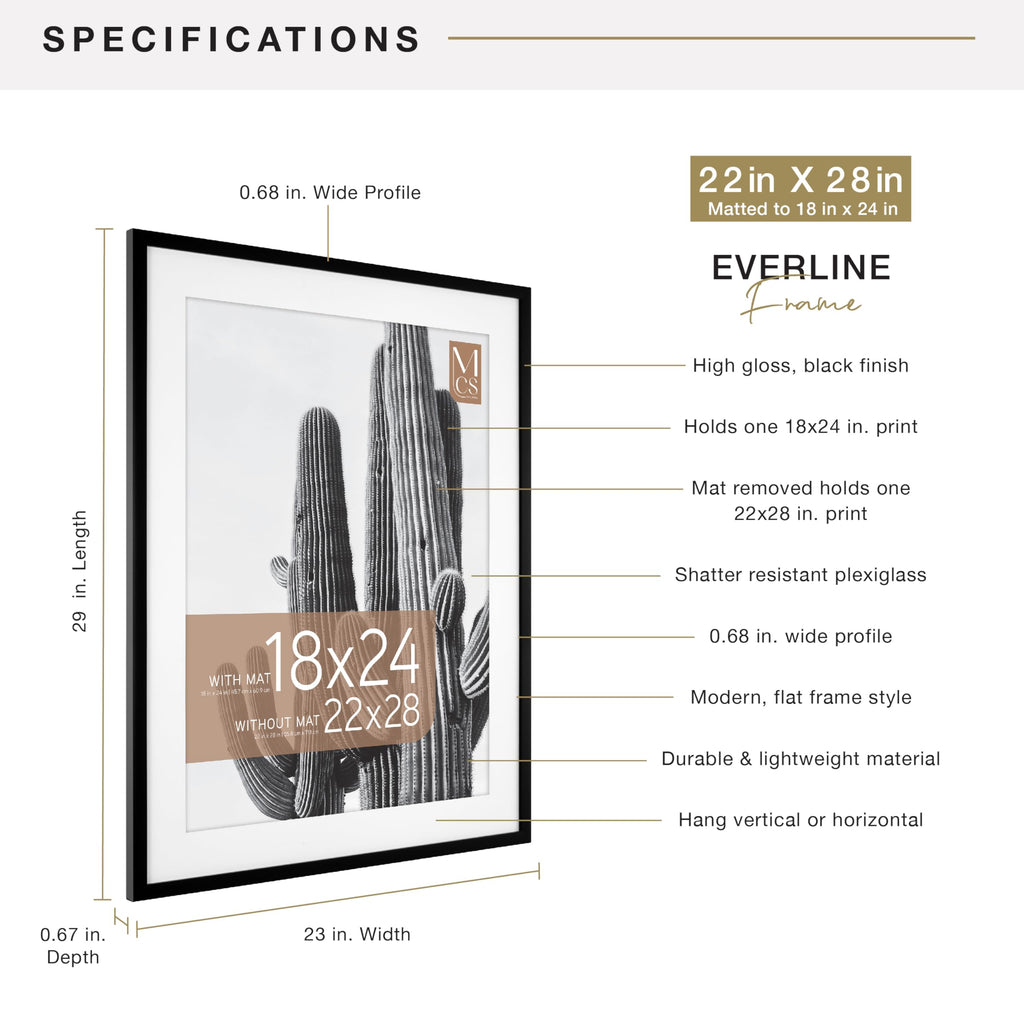 MCS Everline Collection 14x20 Matted Poster Frame with 11x17 Picture Display, Black Vertical & Horizontal Wall Hanging Large Frame for Photos, Posters & Art Prints (1-Pack)