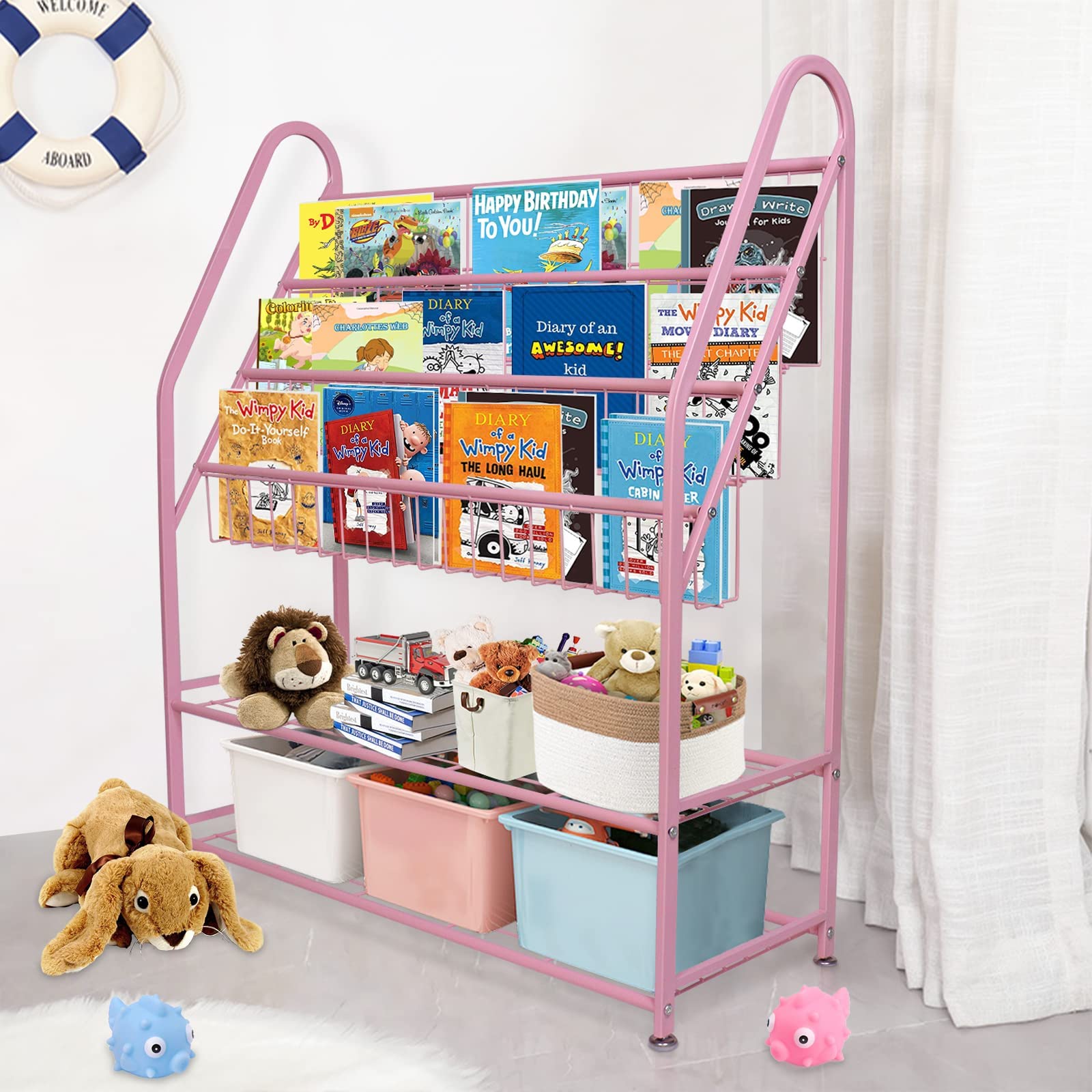 aboxoo Metal Kids Bookshelf Black Large Freestanding for Children Room 32 in Toy Organizer Large Stable Bookcase Bookstore Library Book Unit Storage Kids Bed Living Room