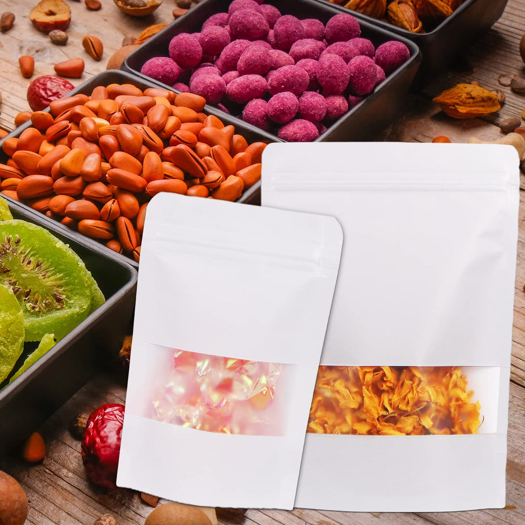 50pcs Kraft Bags with Window 3.5x5.5 Inches Brown Reusable Sealable Zip Lock Food Storage Stand up Paper Pouches for Home or Business