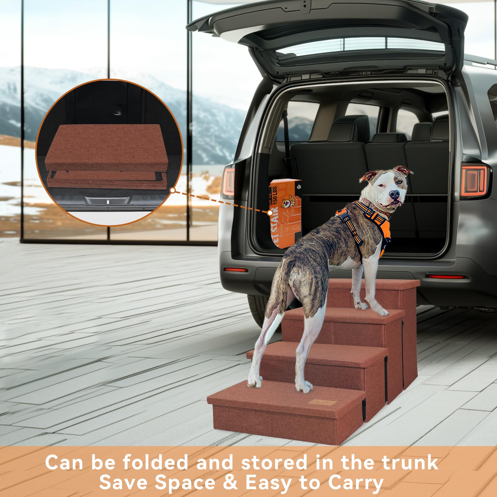 Zerbuger Dog Stairs with Condo 15" H, 2-Step Wider Dog Steps for Small/Medium/Large Old Dogs Cats, Folding Sturdy Storage Pet Stairs Climbing Bed Couch, Ramp for Car Hold Up to 150 lbs, Beige