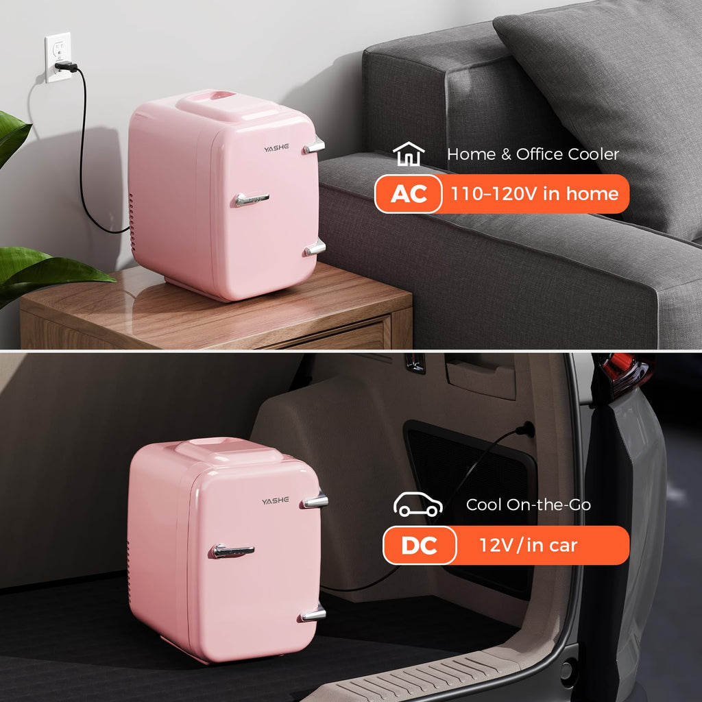 YASHE Mini Fridge, 4 Liter/6 Can Mini Makeup Fridge, 110V AC/ 12V DC Portable Thermoelectric Cooler&Warmer for Skincare, Drink, Cosmetic, Medicine, Small fridge for Bedroom, Office, Dorm, Car, Black