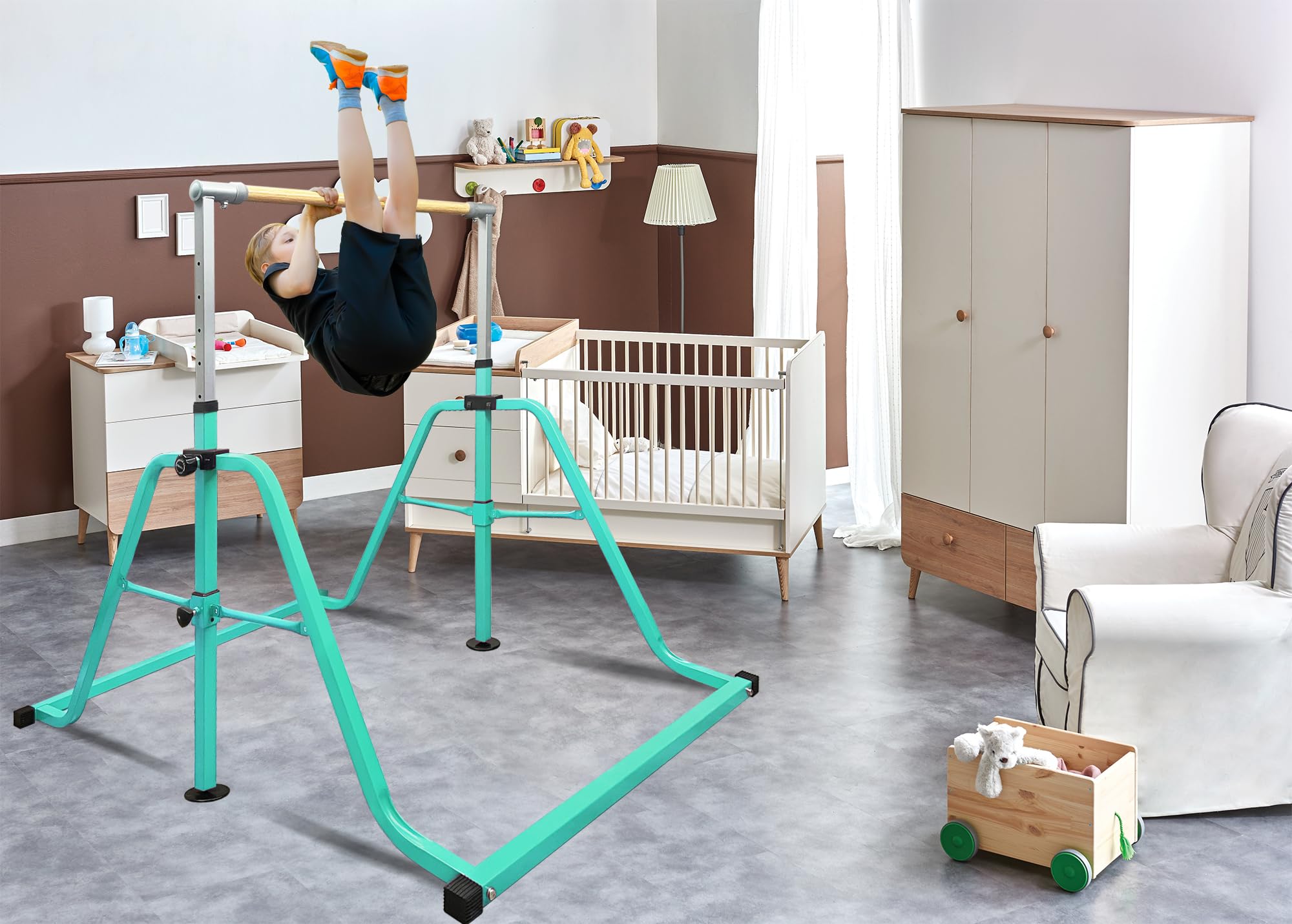 Foldable & Moveable Gymnastics Horizontal Bar with Rings,3’to 5’Adjustable Height Expandable Junior Kip Bar for Home,Indoor Gym Equipment for Kids