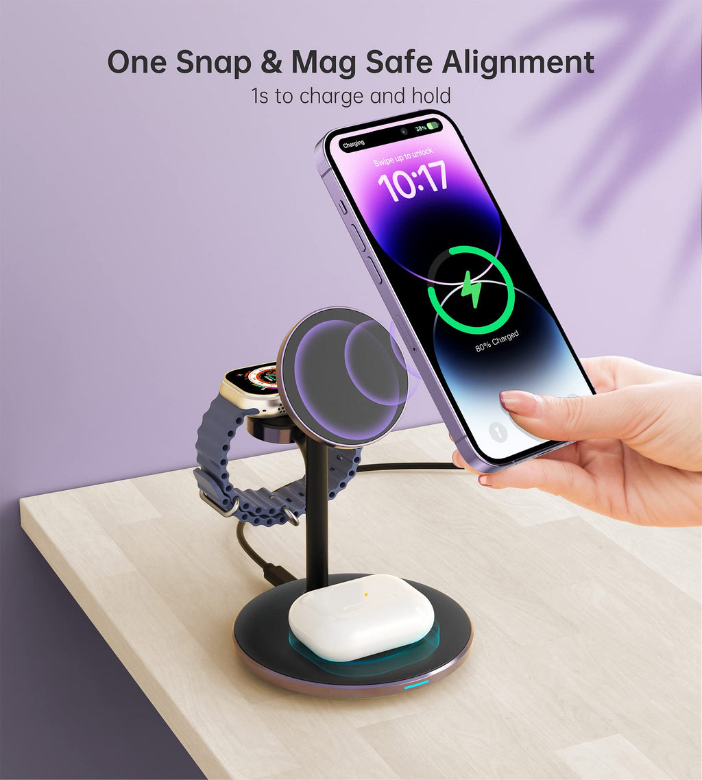 XooFly 3 in 1 Wireless Charging Station for Apple Devices, Fast Wireless Mag-Safe Charger Stand with 20W Adapter for iPhone 17/16 15 14 13 12 Pro Max/Pro/Plus/Air/Mini, iWatch, AirPods (Black)