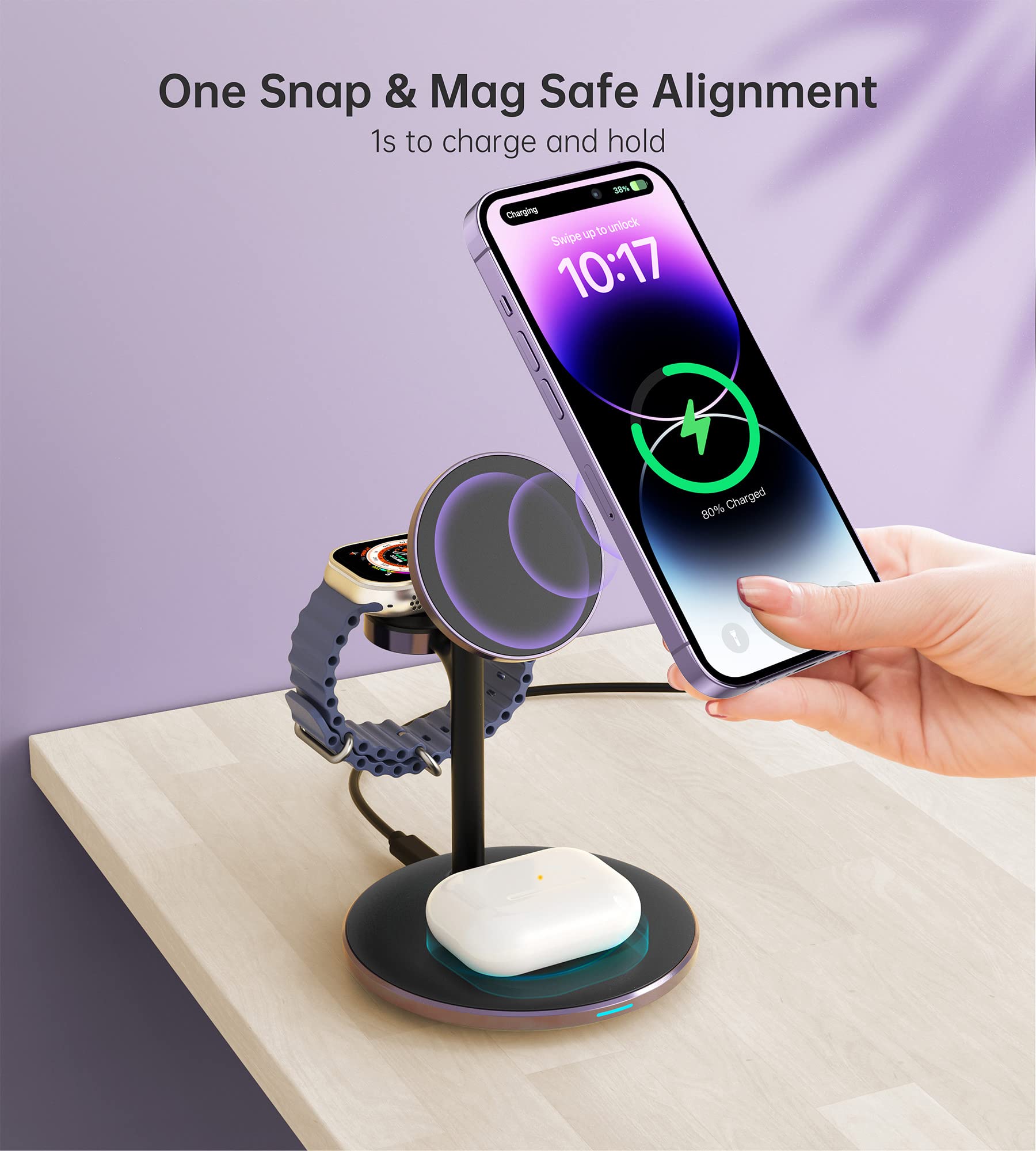XooFly 3 in 1 Wireless Charging Station for Apple Devices, Fast Wireless Mag-Safe Charger Stand with 20W Adapter for iPhone 17/16 15 14 13 12 Pro Max/Pro/Plus/Air/Mini, iWatch, AirPods (Black)