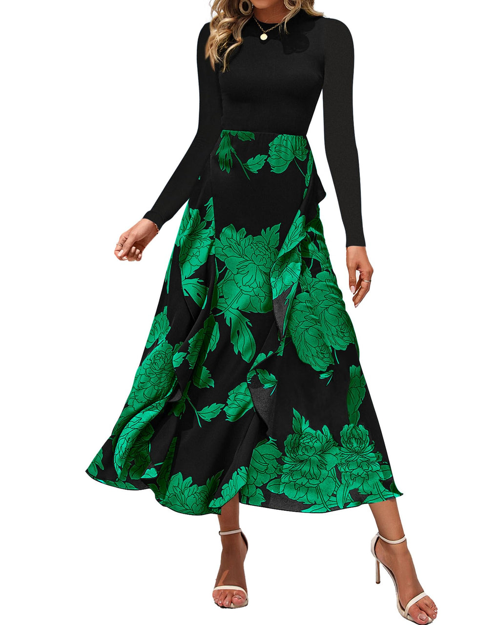 BTFBM Womens Floral Maxi Dress Fall 2025 Casual Crewneck Long Sleeve Ruffle Flowy Cocktail Wedding Guest Dresses