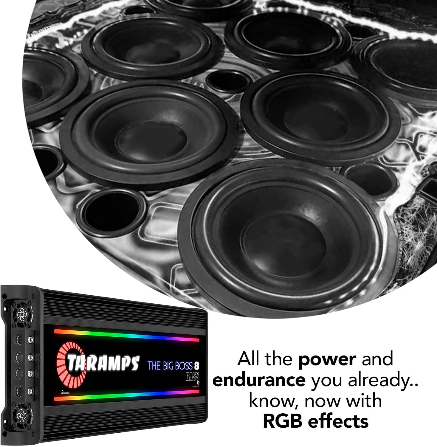 Taramps The Big Boss 8 Bass Black Color Amplifier 0.5 to 2 Ohms 8000 Watts RMS 108 RGB Effects, Multi Impedance, Monoblock Class D, Smart 8k Car Audio