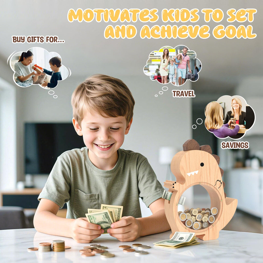 Summidate Wooden Dinosaur Piggy Bank for Kids Boys, Cute Wood Dino Money Bank for Toddlers, Creative Saving Coin Jar, Personalized Present for Child Birthday & Decor (Brachiosaurus, Custom)