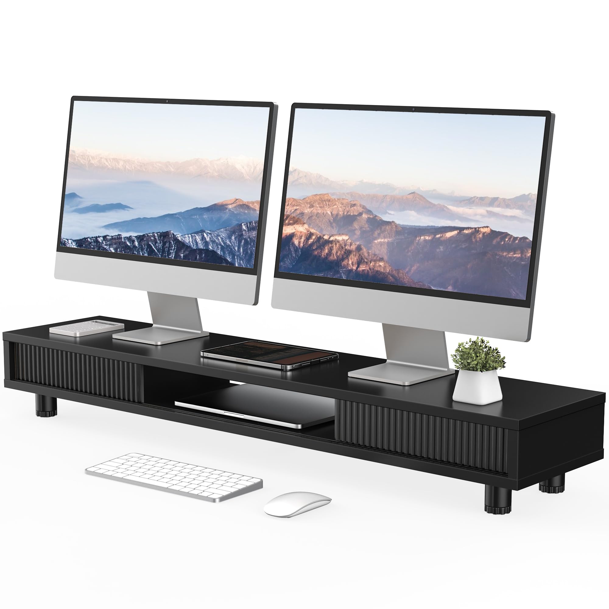 Fenge Dual Monitor Stand, 42.5inch Long Monitor Stands Riser for 2 Monitors, Glass Sliding Door with Storage Organizer Stand for Desk, 2 Tier Desk Shelf for Laptop, Pc, Printer, Computer, TV