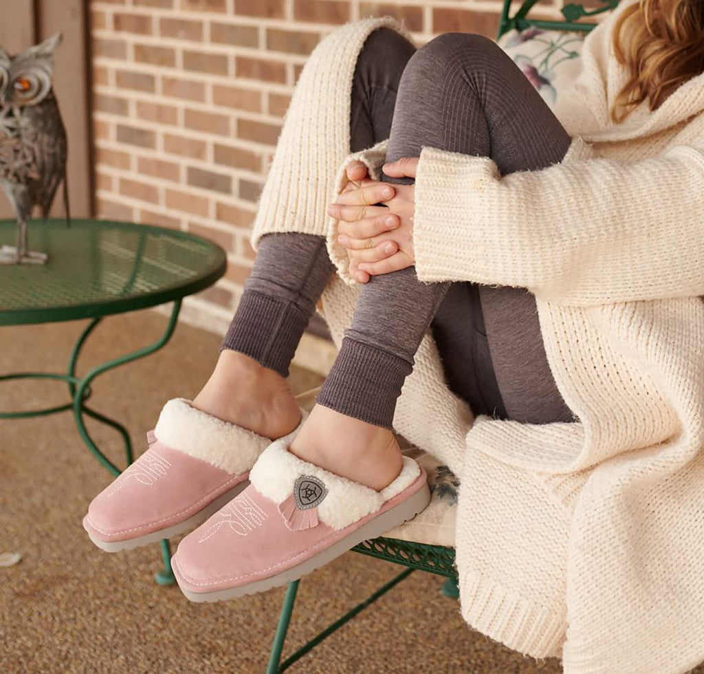 ARIAT Women's Jackie Square Toe Warm Soft Genuine Suede Leather Indoor Outdoor Slippers with Plush Collar