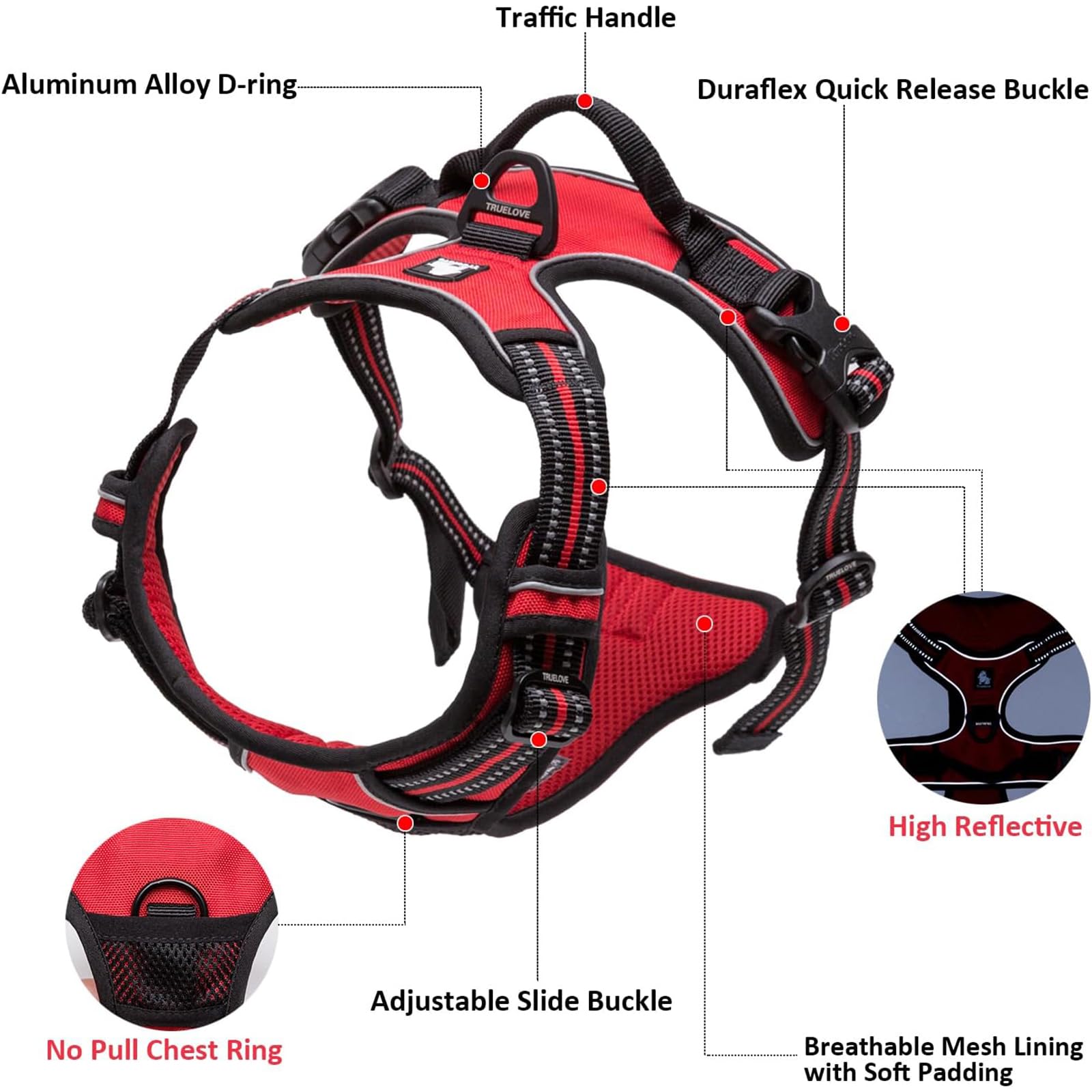 TRUE LOVE Adjustable No-Pull Dog Harness Reflective Pup Vest Harnesses Comfortable Control Brilliant Colors TLH5651(Black,XS)