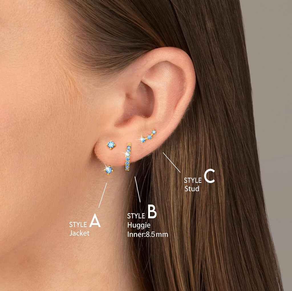 3 Pairs Dainty Small Earrings Set for Women Trendy, Birthstone Stud Huggie Hoop Jacket Stack for Cartilage Helix, Gold Plated Hypoallergenic Cute Women Fashion Accessories Western Jewelry Gifts