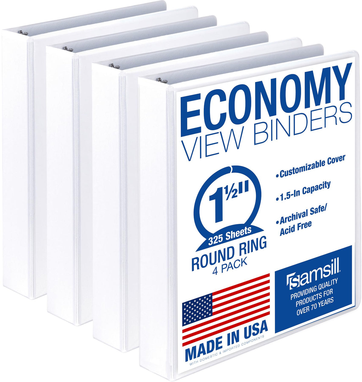 Samsill 1 Inch 3 Ring Binders, Economy Round Ring, Clear View Cover, 200 Sheet Capacity - for School, Home, Office - Blue, 4 Pack