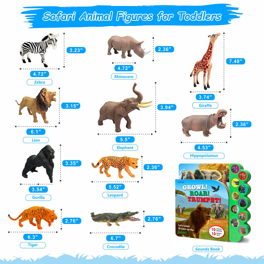 iGRATENS Dinosaur Toys with Sound Books, 10PCS Dino Toy for Toddlers & Animal Sounds Book with 10 Buttons, Realistic Plastic Animal Figures, Dinosaur Toys for Kids 3-5, Dinosaurs Lover Gifts for Kids