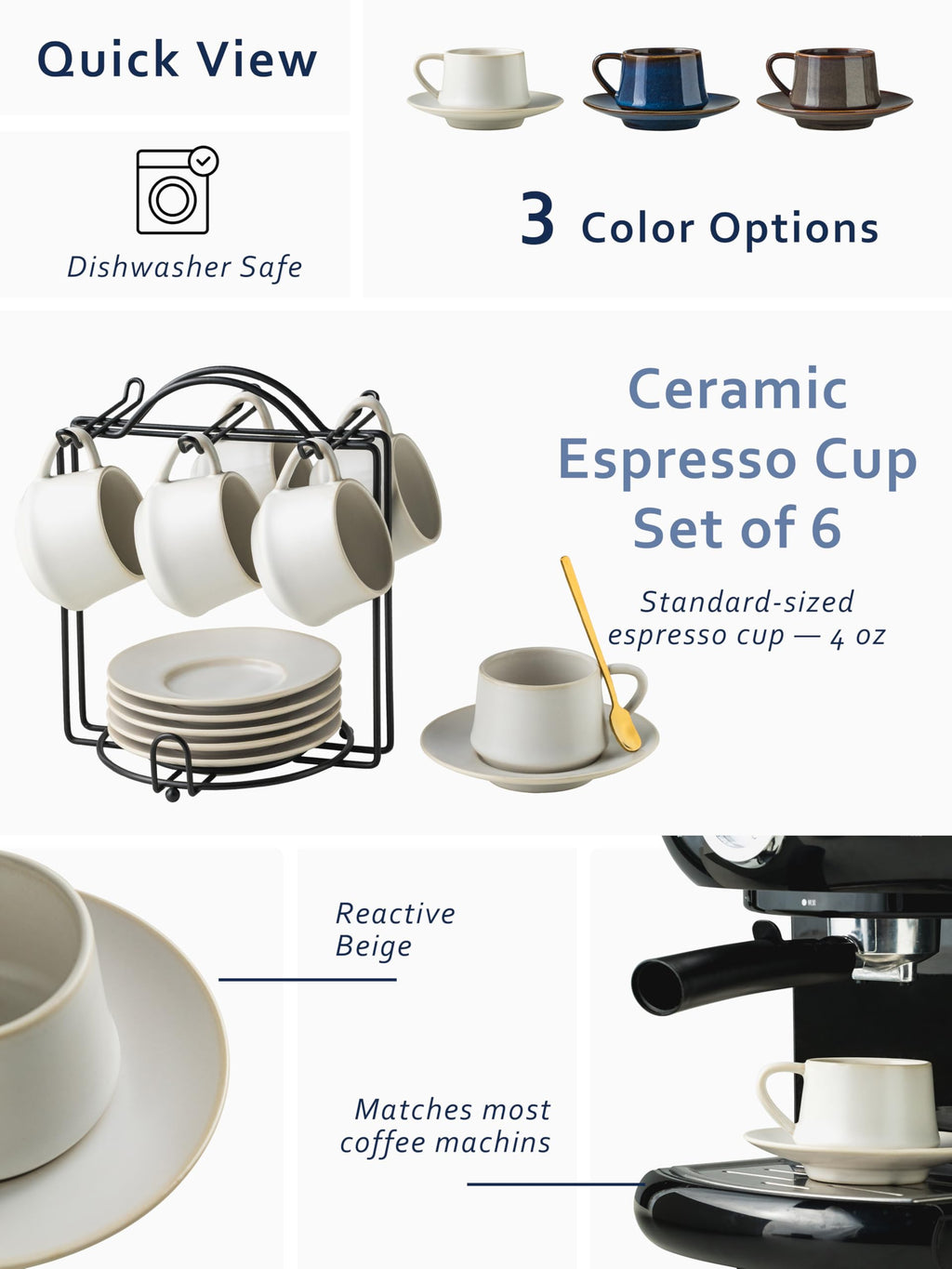 YHOSSEUN Ceramic Espresso Cups Set of 6, 4 OZ Expresso Shots Cup with Stand, Saucers & Spoons, Small Coffee Cup Demitasse Cups for Father's Day, Espresso Accessories for Machine, Black