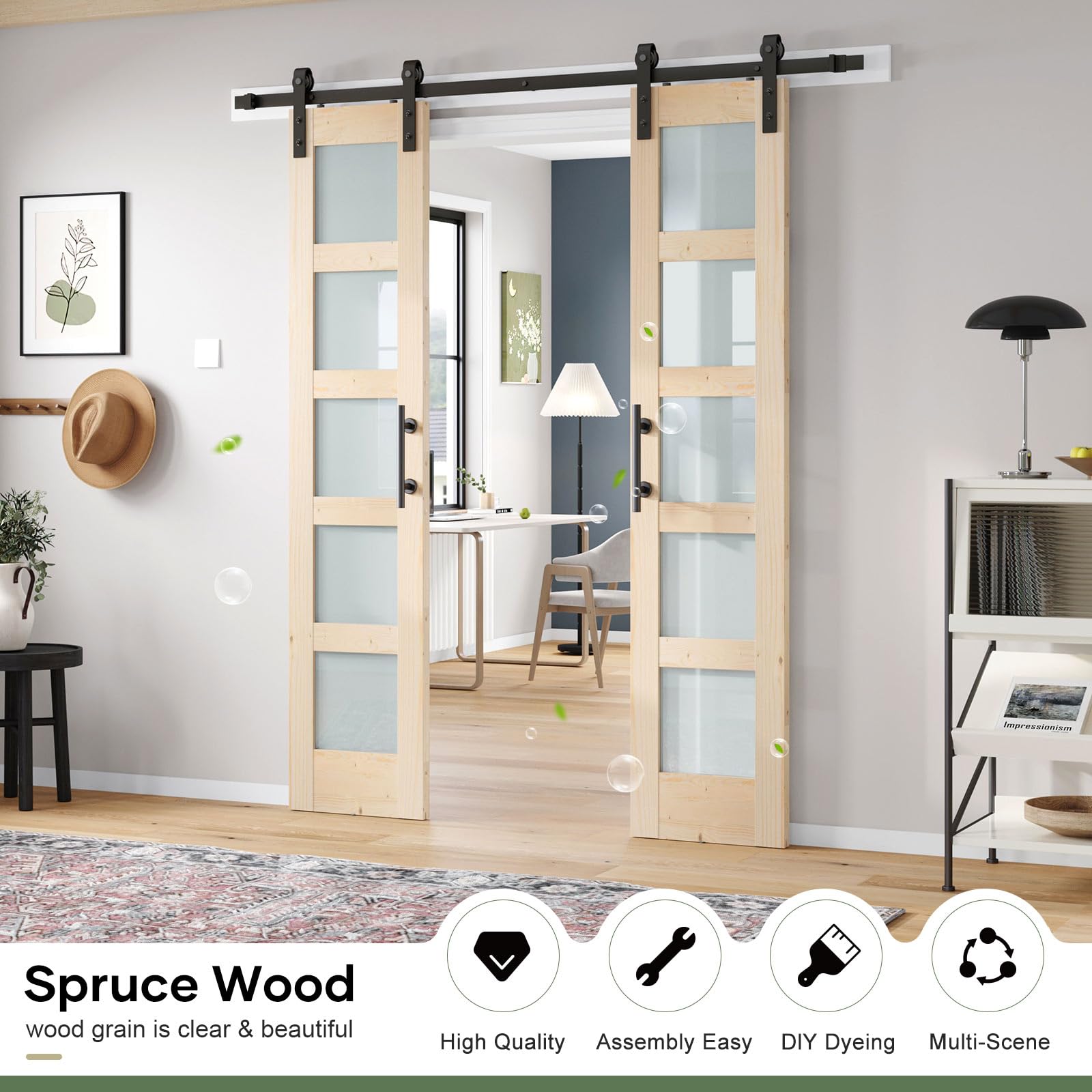Double 18×84 inch Glass Sliding Barn Door Slab with 6.6ft Hardware Kit Included, 5-Panel Frosted Glass, Spruce Wood Support DIY Dyeing, Easy Assembly