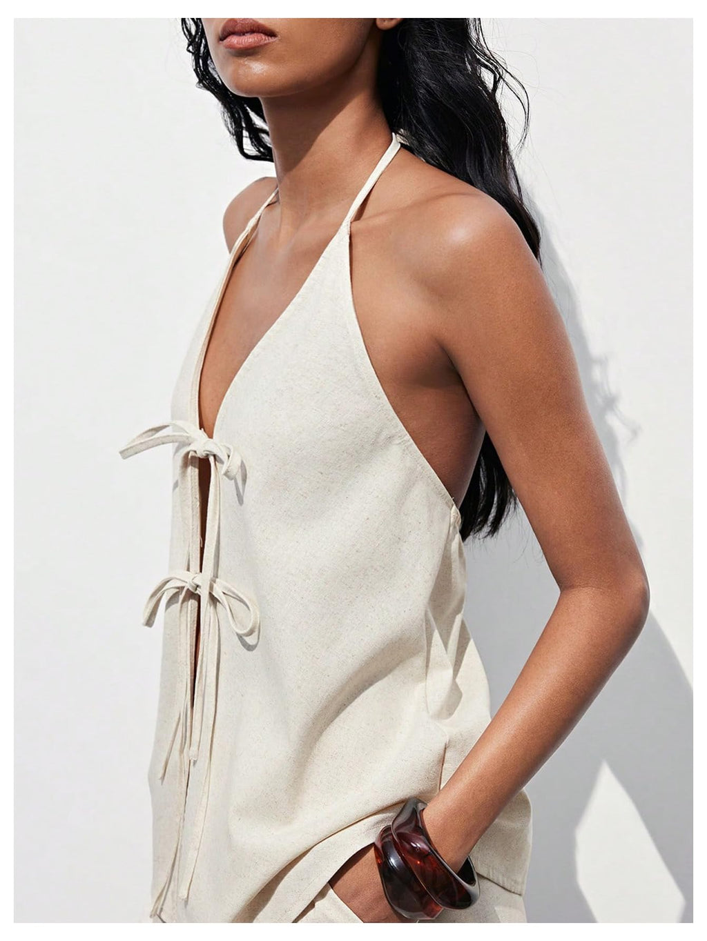 MakeMeChic Women's Linen Two Piece Set Summer Tie Front Halter Tops Linen Shorts Sets Beach Vacation Outfits