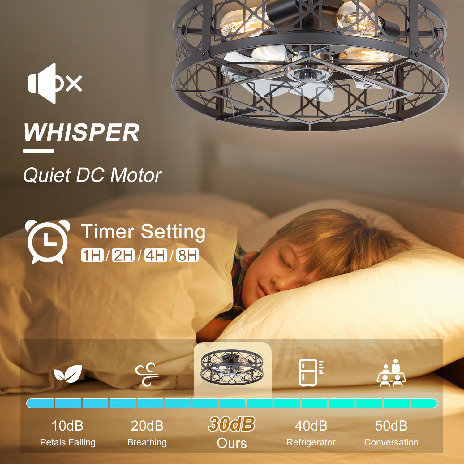 ZYD Caged Ceiling Fan with Light, 20" Ceiling Fan with Lights and Remote Flush Mount, Bladeless Caged Ceiling Fans with Lights, Matte Black Rustic Fan for Bedroom, Kitchen, Dining Room