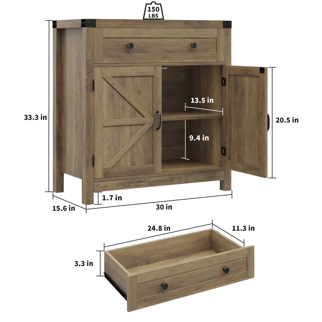 HOSTACK Coffee Bar Cabinet, Kitchen Storage Cabinet, Modern Farmhouse Buffet Sideboard with Drawer and Adjustable Shelf, Barn Door Accent Cabinets for Kitchen, Dining Room, Entryway, Ash Grey