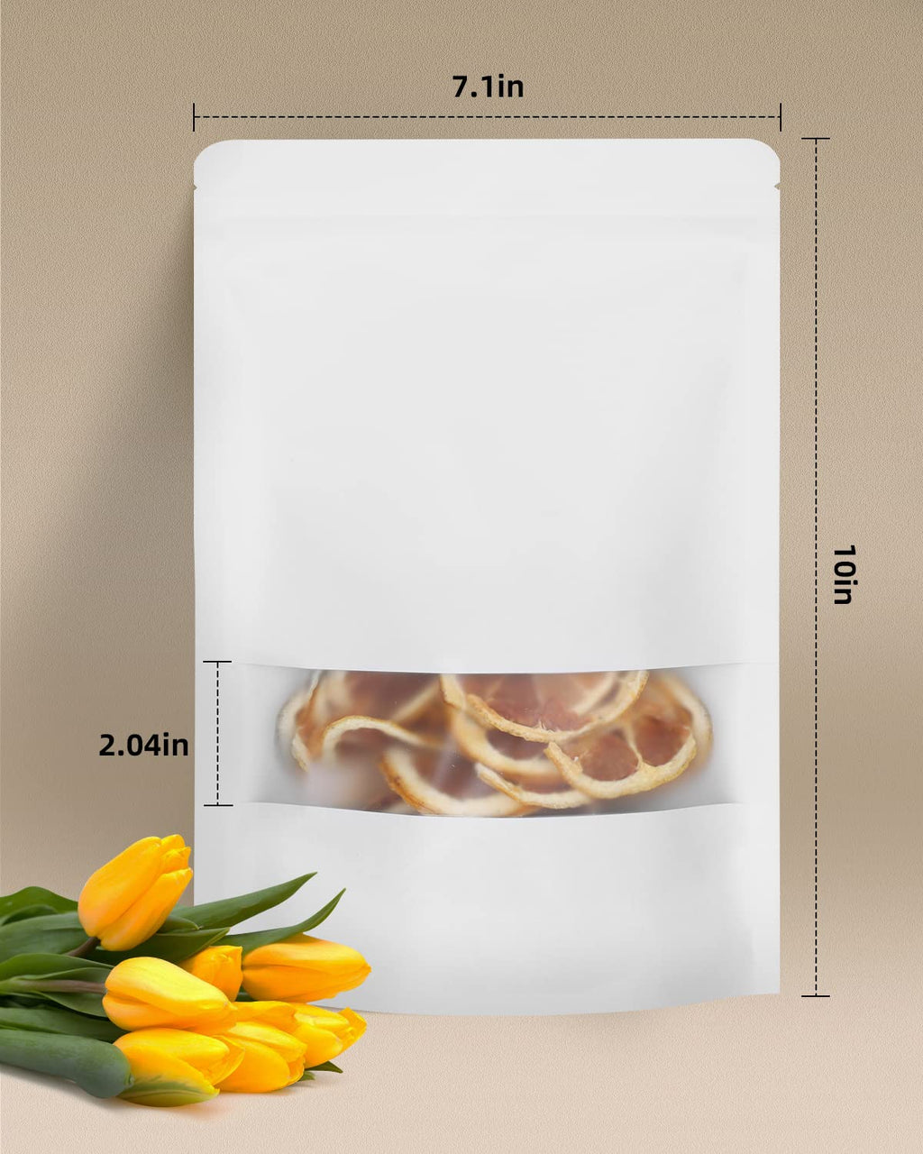 50pcs Kraft Bags with Window 3.5x5.5 Inches Brown Reusable Sealable Zip Lock Food Storage Stand up Paper Pouches for Home or Business