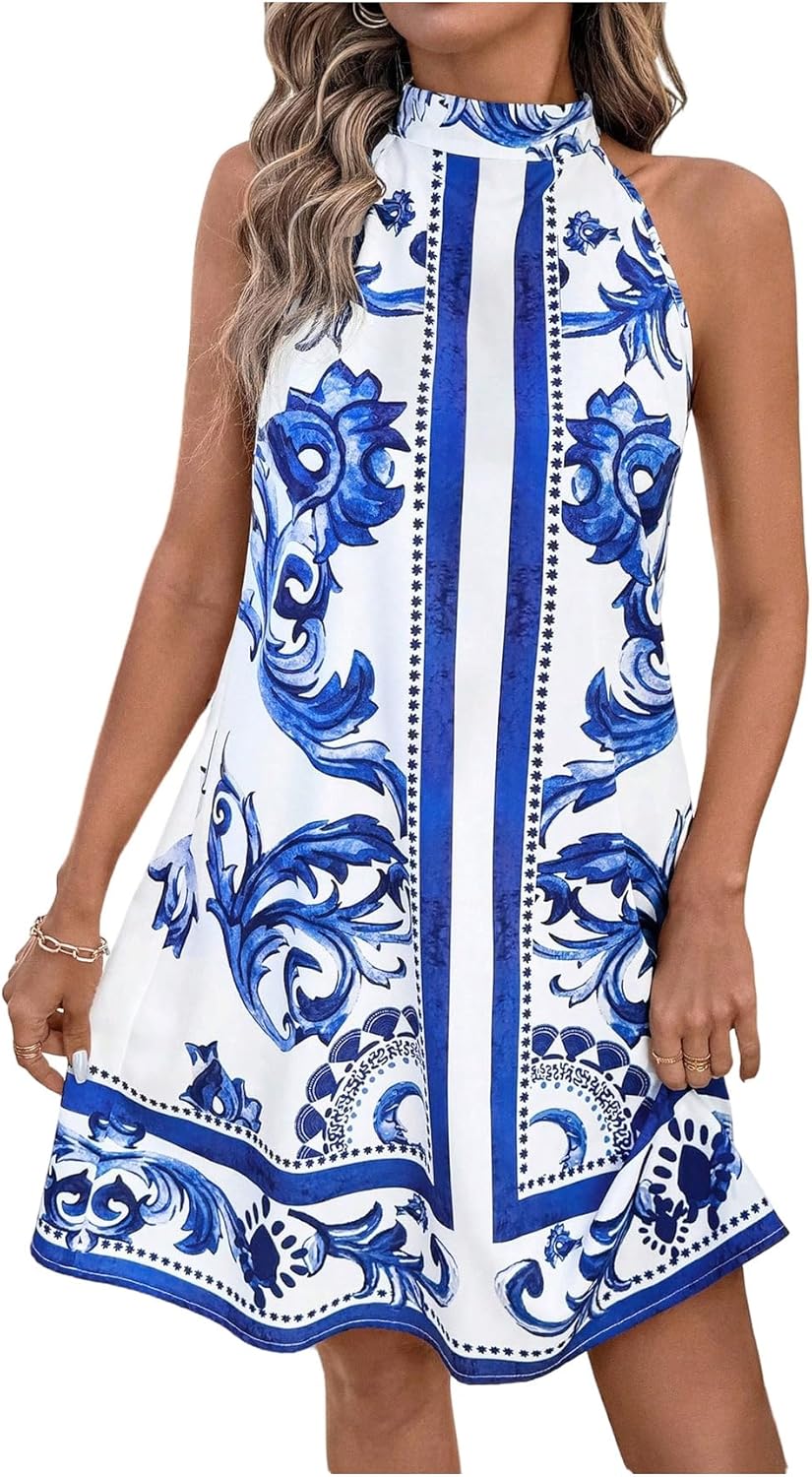 Floerns Women's Sleeveless Floral Print Sundress Halter Neck A Line Short Dress