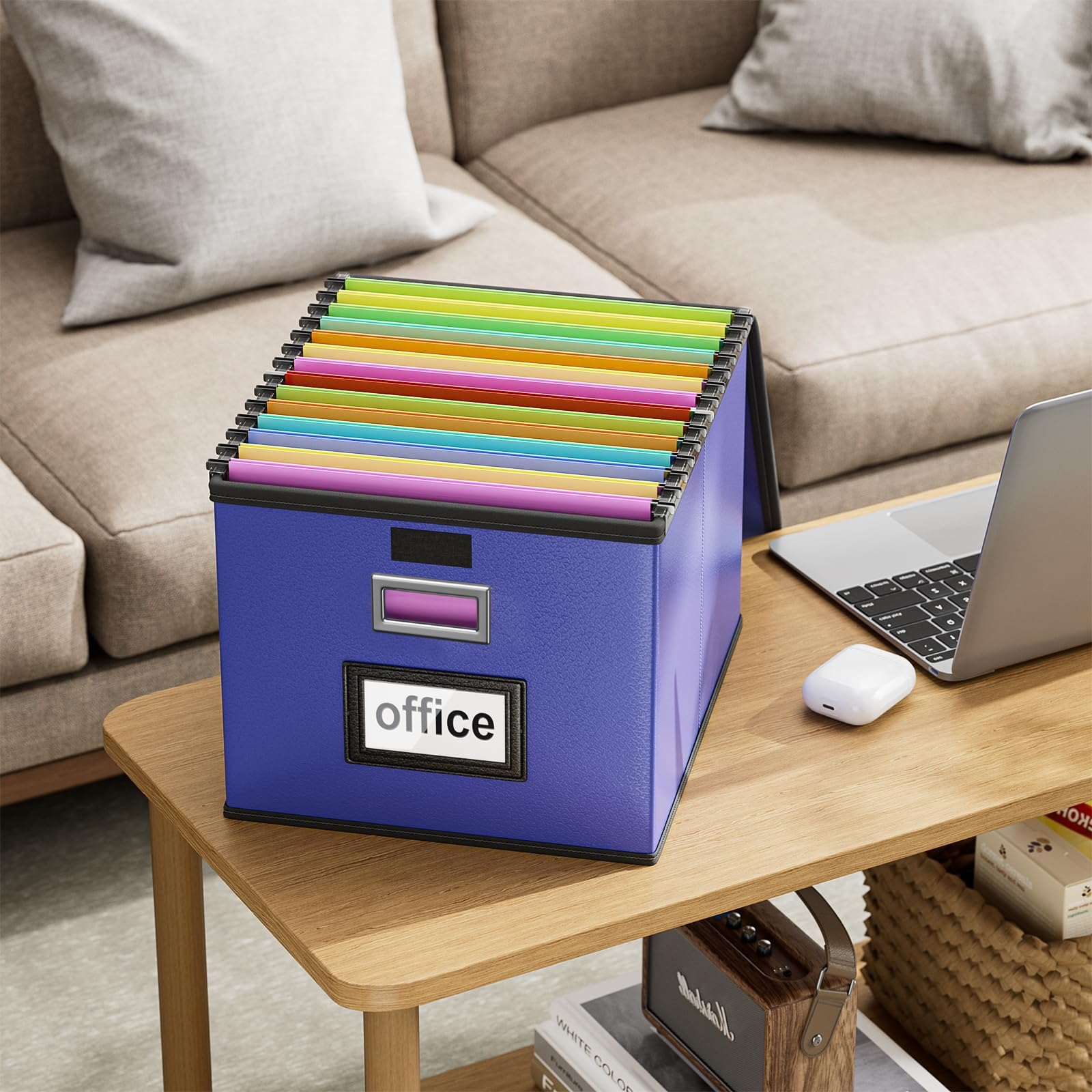 File Organizer Box with Lid, Collapsible Faux Leather Hanging File Folder Box Organizer with Plastic Slides, Decorative Home/Office Filing System Boxes for File and Folders Storage