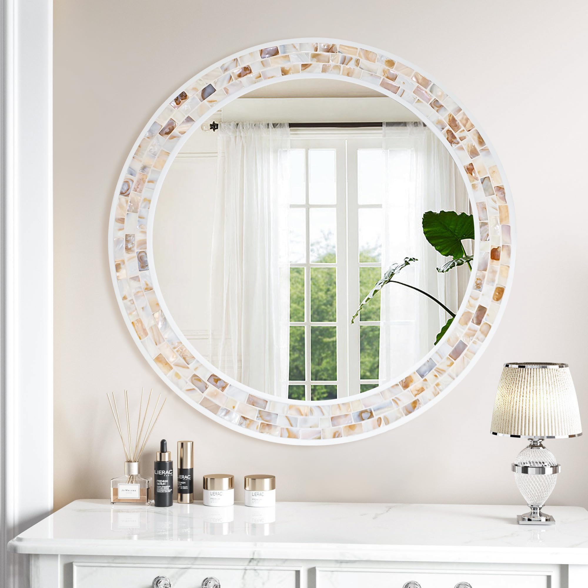 Tanmicoshomy Round Wall Mirror 24 Inch,Circle Mosaic Mirror with Natural Mother of Pearl and Wood Frame, Decorative Coastal Round Wall Mirror for Bathroom Bedroom Living Room Entryway