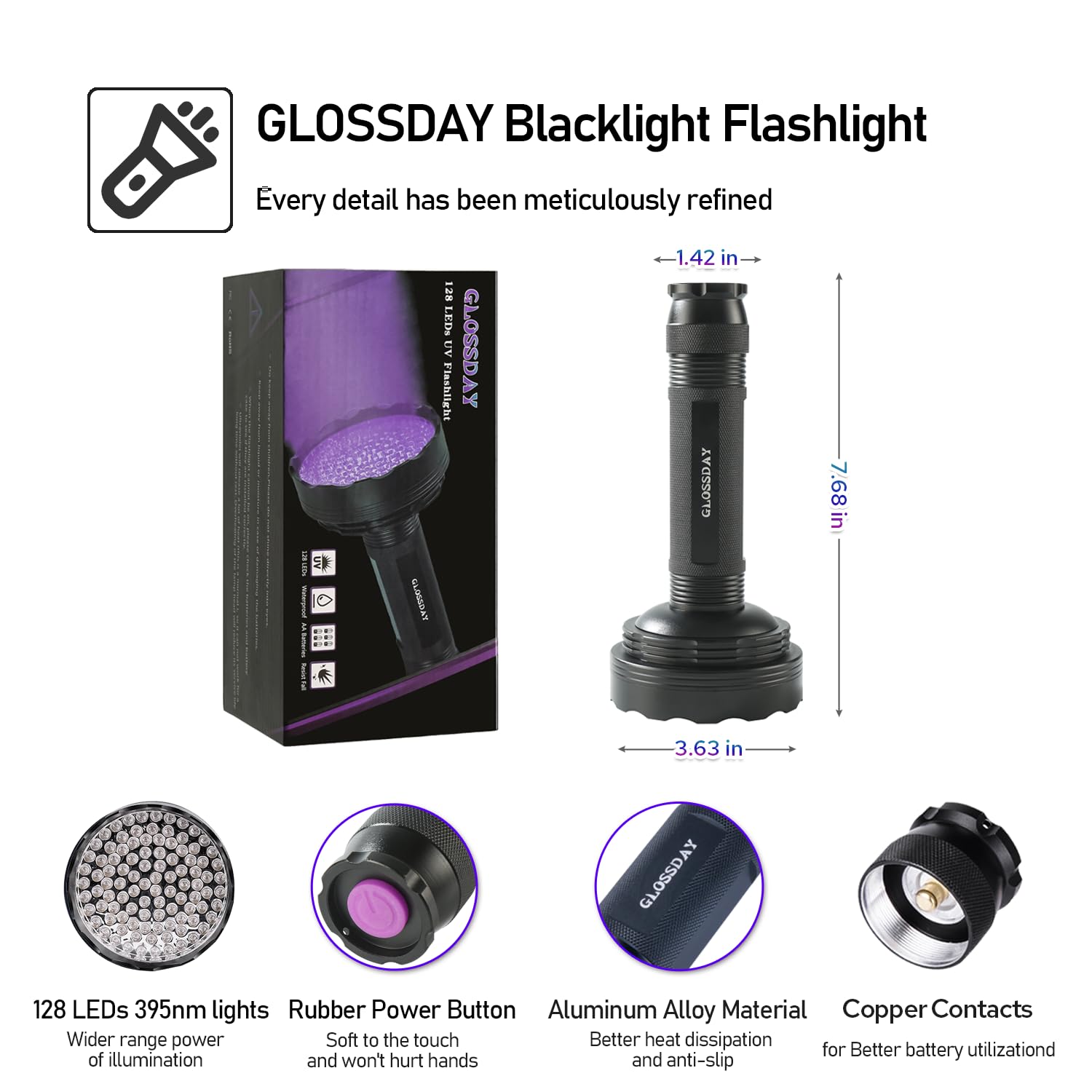 GLOSSDAY Blacklight Flashlight 68 LED UV Flash Light,Ultraviolet Flashlight Black Light Professional Pet Urine Detector for Dog/Cat Urine,Pet Stains,Hunting Scorpions