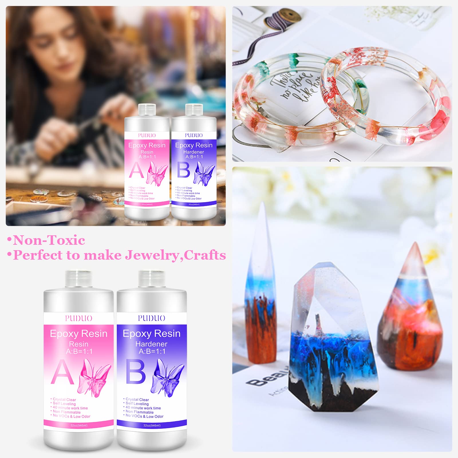 Puduo Epoxy Resin Kit 1.1Gallon，Newly Formulated Crystal Clear Epoxy Resin，Strong, Bubble-Free, Anti-Yellowing Art Resin that，Suitable for Casting, DIY, Resin Art, Molds, Easy to Mix 1:1 Ratio
