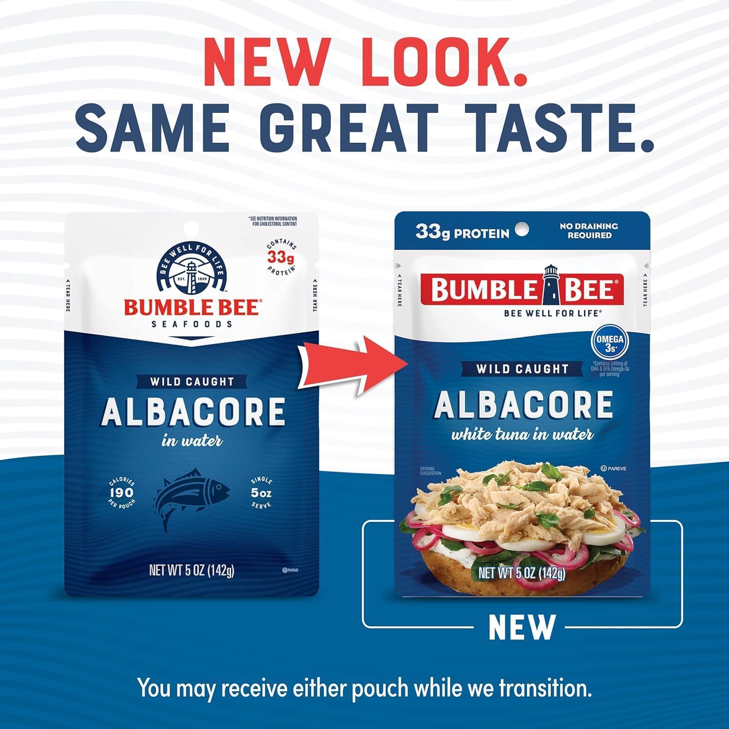 Bumble Bee Lemon & Garlic Seasoned White Albacore Tuna in Water, 2.5 oz Pouch - Wild Caught Tuna - 15g Protein per Serving, High in Omega-3s - Non-GMO, Gluten Free - No Draining Required