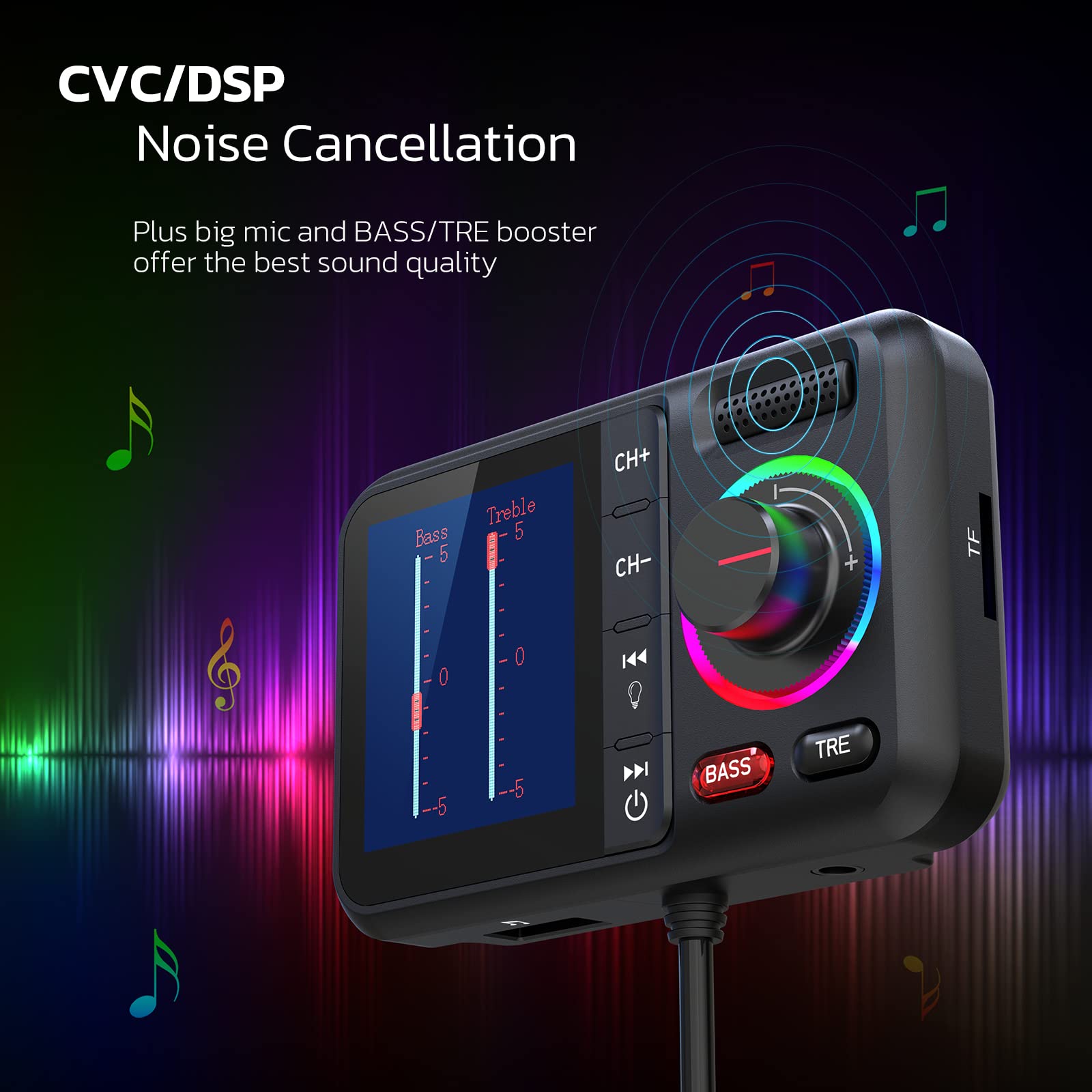 Nulaxy Bluetooth FM Transmitter for Car, Wireless Car Bluetooth V5.0 Adapter with Big Color Screen, Support QC3.0 Fast Charging, Hands-Free Call, MP3 Music Player BASS&TRE Booster, TF Card AUX-KM28