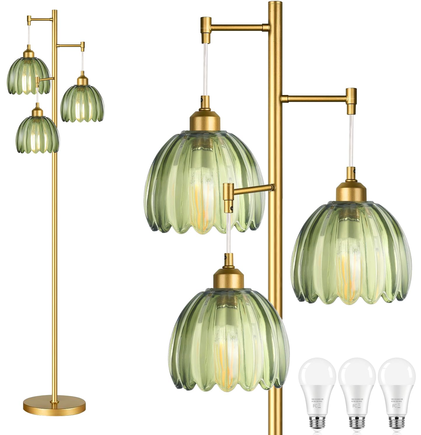 AHDWDW Gold Floor Lamp for Living Room Bedroom,Modern Floor Lamps with Unique Amber Glass Shades,68IN Mid Century Tall Flower Standing Lamp,Vintage 3 Lights Tree Floor Lamp for Corner Office Reading