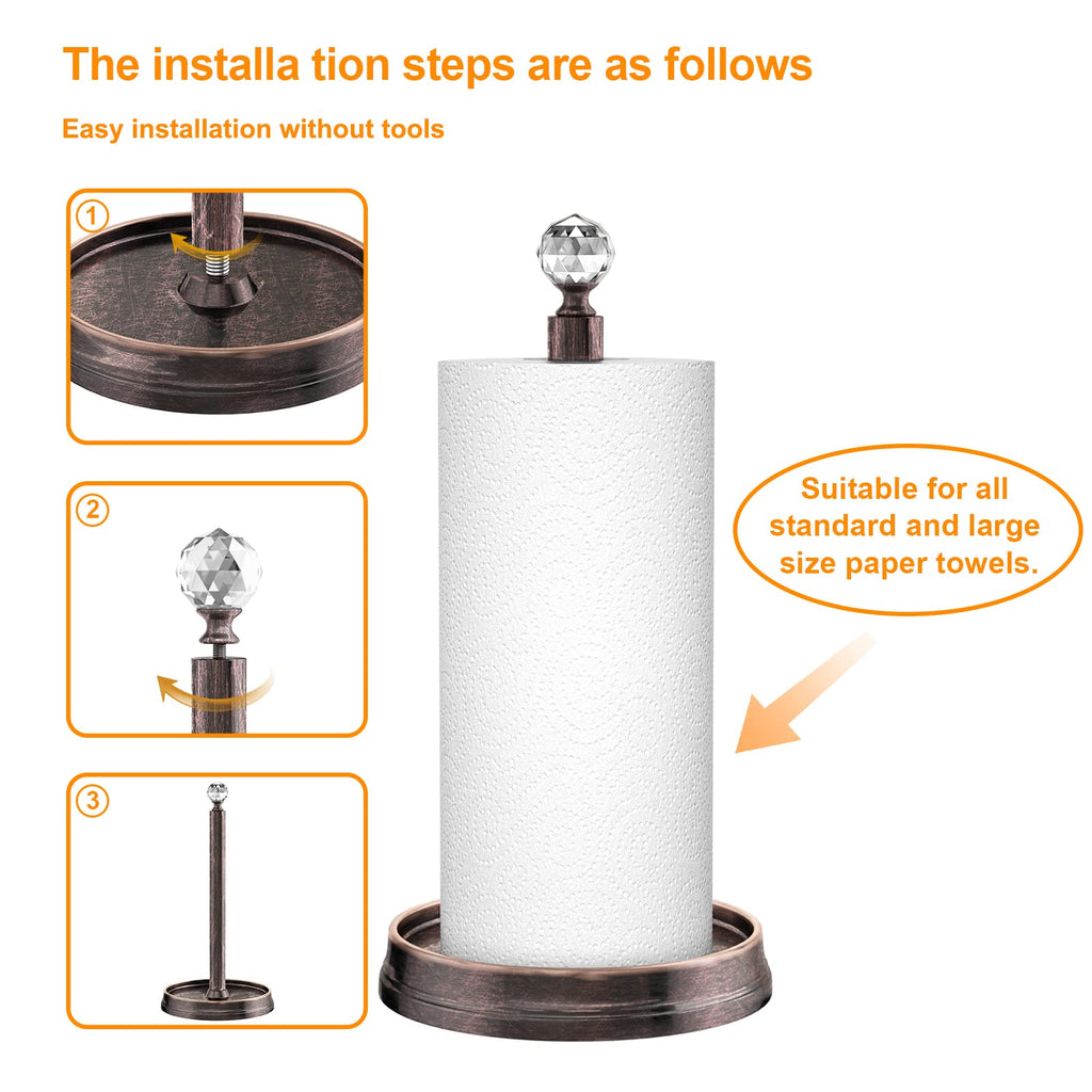 KASUNTO Paper Towel Holder with Crystal Ball - Steel Countertop Stand, Fits Standard & Jumbo Rolls, Brushed Nickel