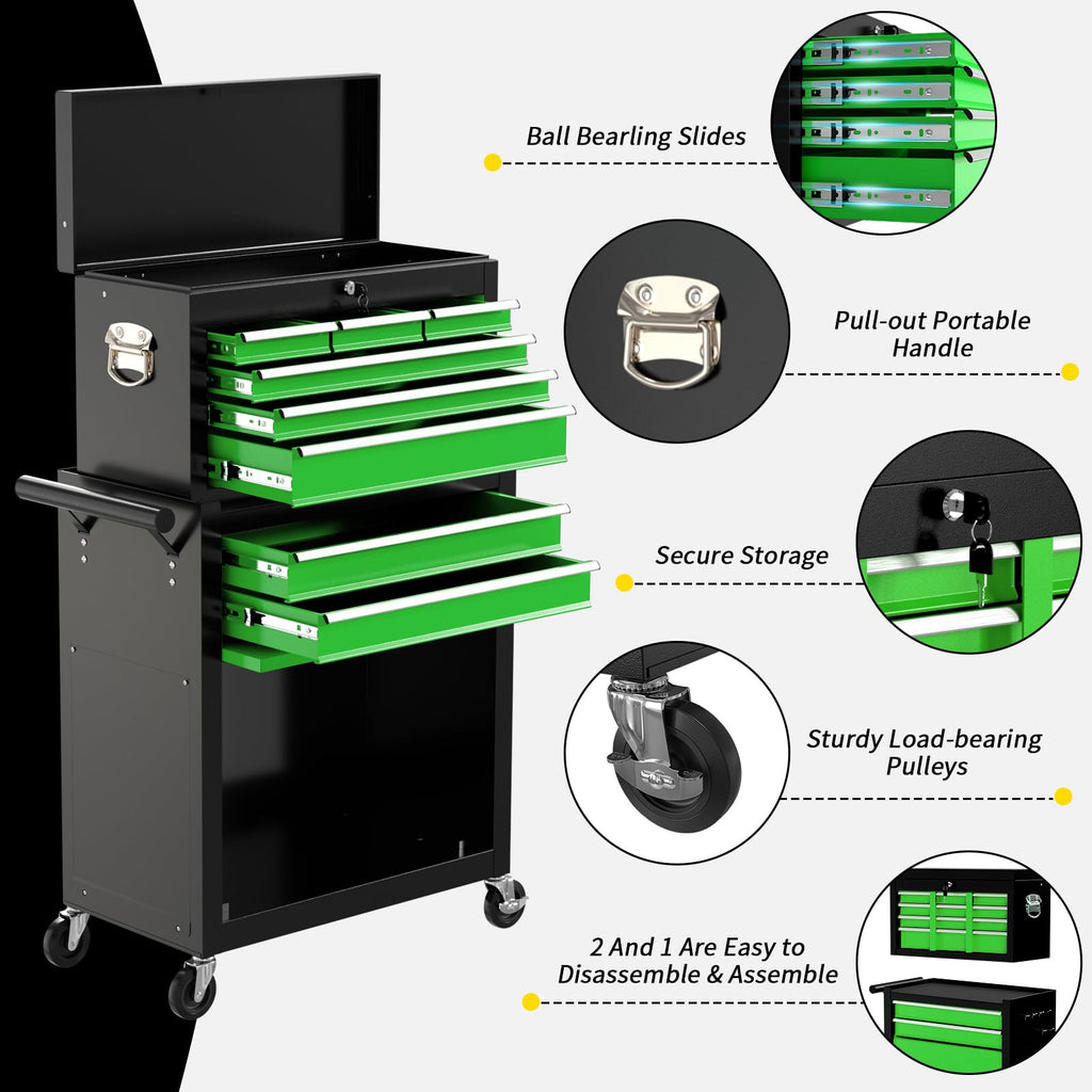 On Shine 8 Drawer Rolling Tool Chest, Large Capacity Rolling Tool Box with Wheels, Locking Mechanical Tool Chest, Portable Tool Box with Sliding Drawers for Garage Workshop and Tool Room (Black)