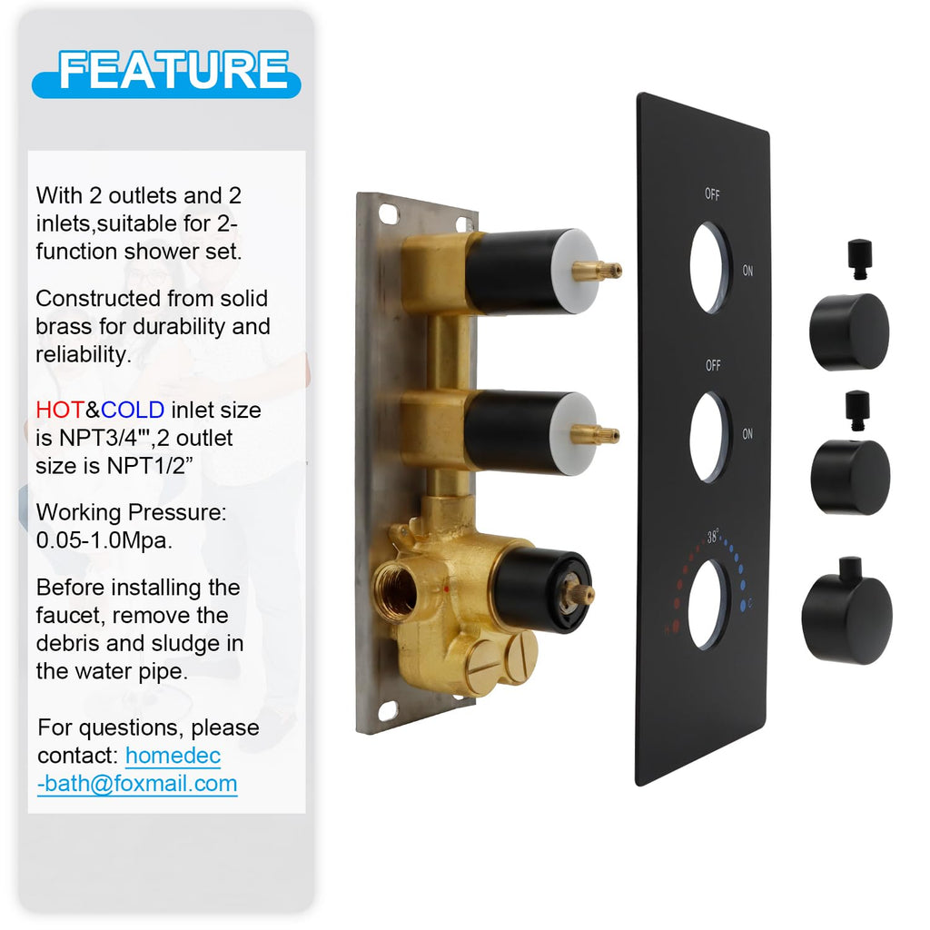 HOMEDEC 2 Way Shower Diverter Valve Brass Dual Functions Thermostatic Shower Mixing Valve Kit 3 Handle Flow Control Valve, 3/4 Inch Inlet, Can Use All Options At a Time, Matte Black