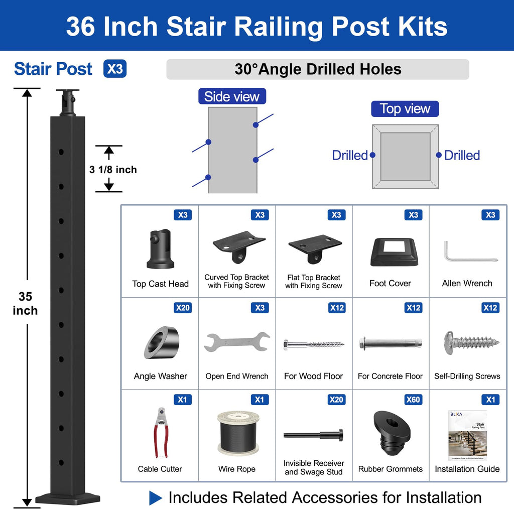 BLIKA 36" Cable Railing Corner Post, 304 Stainless Steel, 2-Side Drilled Adjustable Top Corner Post, Surface Mount Matte Black Cable Railing System Corner Post