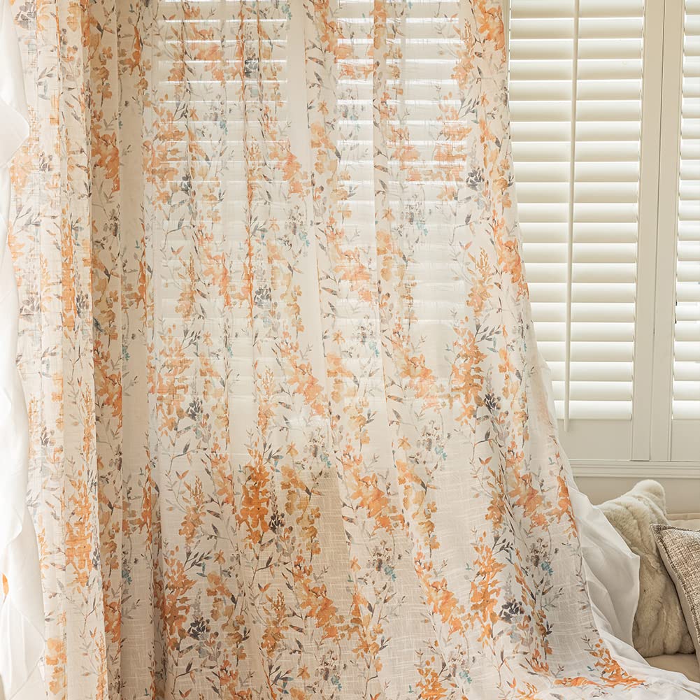 SUOUO Blue Leaf Semi Sheer White Curtains for Bedroom Dining Living Room Linen Textured 84 inches Long Rod Pocket Boho Window Drapes 2 Panels