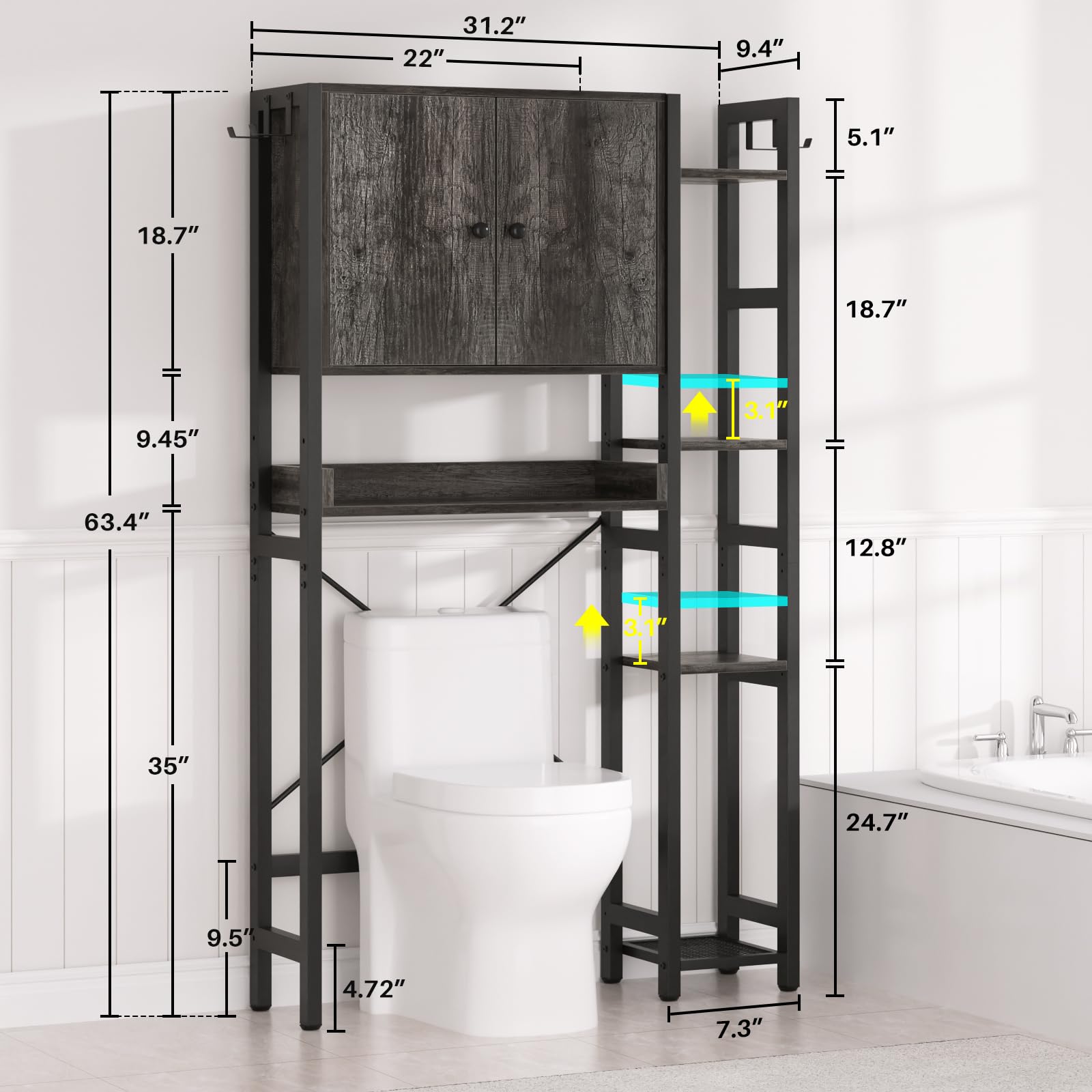 Over The Toilet Storage Cabinet with Doors - 7 Tier Bathroom Organizer with Adjustable Shelf, Freestanding Space Saver Rack Above Toilet Stand with 4 Hooks for Bathroom, Restroom, Laundry, Black