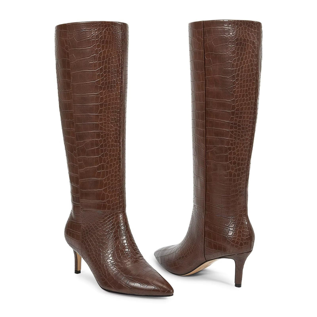 wetkiss Knee High Boots for Women - Pointed Toe Kitten Heel & Crocodile, Side Full Zipper for Easy Wear, All-Day Comfort Boots for Work, Party and Daily Chic Style