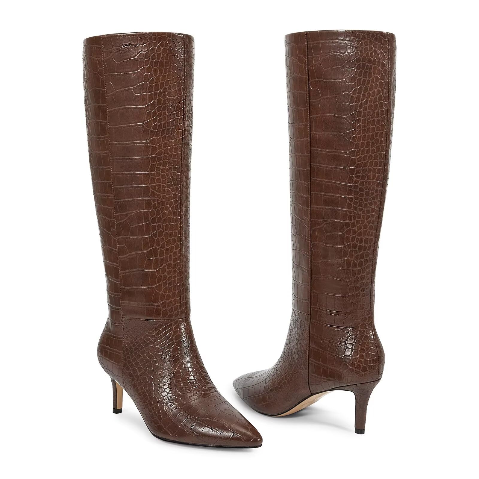 wetkiss Knee High Boots for Women - Pointed Toe Kitten Heel & Crocodile, Side Full Zipper for Easy Wear, All-Day Comfort Boots for Work, Party and Daily Chic Style