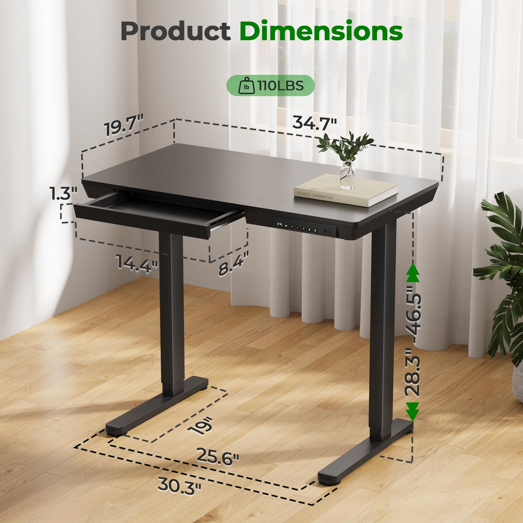 Glass Electric Standing Desk with Drawer, 35" x 20" Whole Piece Tabletop Samll Sit Stand Table, Height Adjustable Workstation with Storage & USB Ports, Quick Install Home Office Desk