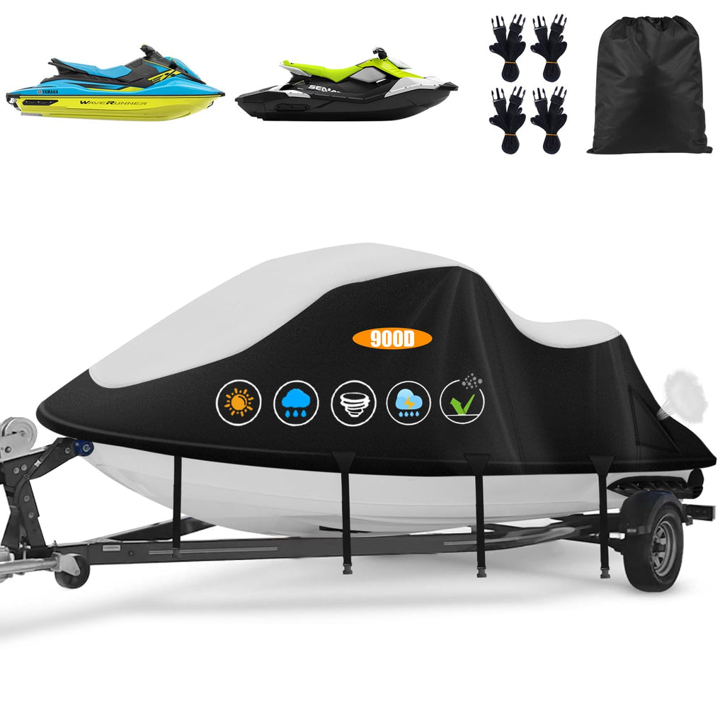 Jet Ski Cover,Heavy Duty 900D Oxford Jetski Cover 2 3 Seater with 2 Air Vents，4 Windproof Buckles，Easy On，Jetski Cover Waterproof for Seadoo Spark,Yamaha,All Weather Protection(Black, XL:115"-120")