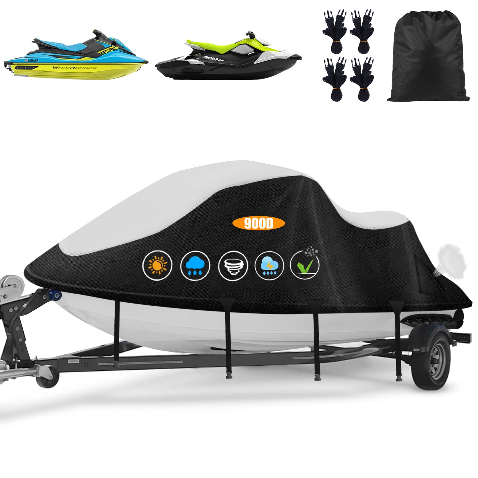 Jet Ski Cover,Heavy Duty 900D Oxford Jetski Cover 2 3 Seater with 2 Air Vents，4 Windproof Buckles，Easy On，Jetski Cover Waterproof for Seadoo Spark,Yamaha,All Weather Protection(Black, XL:115"-120")