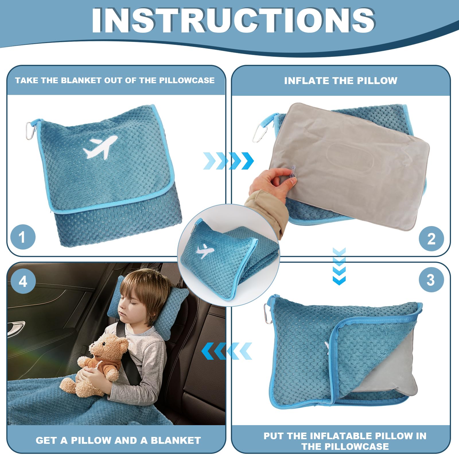 Travel Blanket Airplane Compact with Bag, Travel Essentials 3 in 1 Packable Airplane Blanket, Travel Pillow and Blanket Set, Inflatable Pillow, Luggage Sleeve & Backpack Clip (Camel)